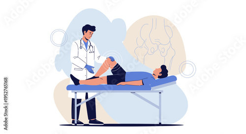 Doctor examining patient's knee joint on examination table, physical therapy concept
