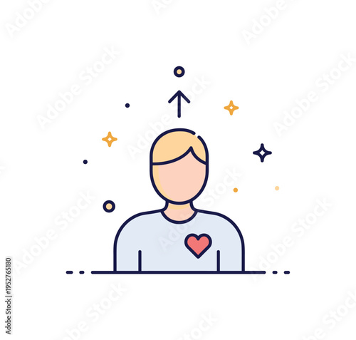 Holistic self care journey shown through a centered figure with a small heart icon at the chest and a gentle upward arrow above, symbolizing growth and
