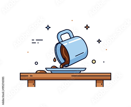 A tipped ceramic coffee cup with liquid dripping onto a wooden desk, emphasizing unexpected accidents and casual home or office life. Minimalist flat vector