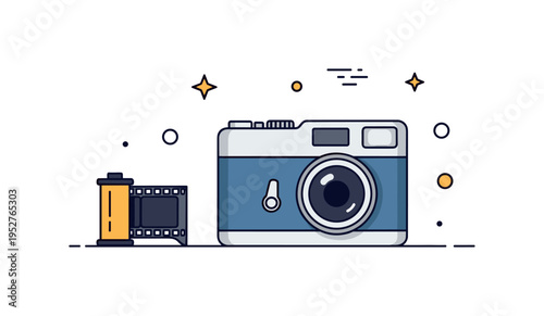 Analog photography concept featuring a compact 35mm camera with a small strip of film gently unrolling beside it. The scene conveys nostalgia, craftsmanship,