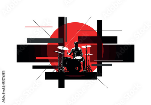 black and white drummer silhouette seated behind kit, framed by bold red circular backdrop and deep black geometric bars, thin intersecting lines and flat