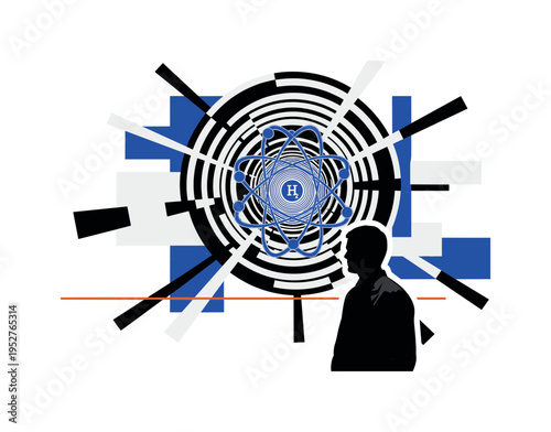 A monochrome laboratory scene with a scientist silhouette observing a floating abstract hydrogen atom model, bold concentric circles radiating from the center,
