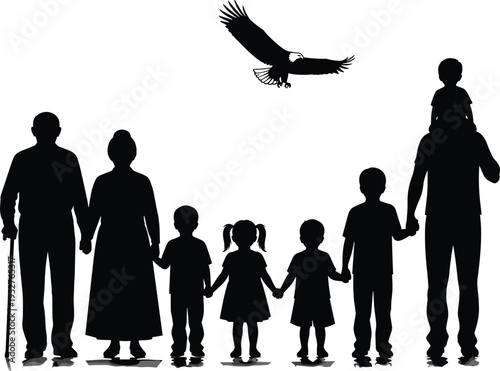 Family silhouettes with grandparents parents and children holding hands under flying eagle, black vector illustration representing unity, love, generations, togetherness