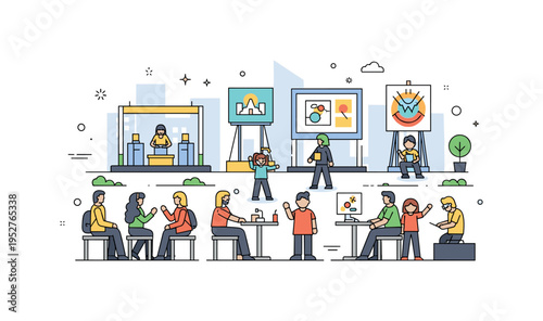 Society with cultural events in a city plaza, people watching performances, engaging with art installations, emphasizing diversity, interaction, and shared