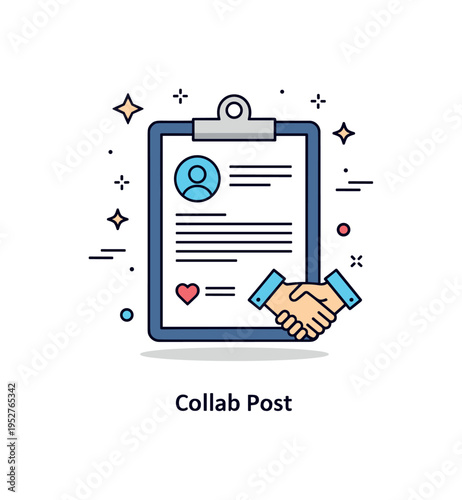 Influencer collaboration brief centered on a clipboard paired with a small profile icon and handshake symbol, representing partnership and co creation. A short