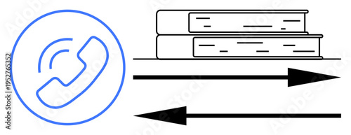 Learning, knowledge exchange, communication, education, information sharing, digital interaction. Circular phone icon, books and directional arrows. Knowledge exchange and communication concept
