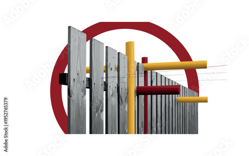 Monochrome close-up of vertical wooden fence planks in perspective view, high-contrast vintage texture, intersected by sharp abstract rectangles and