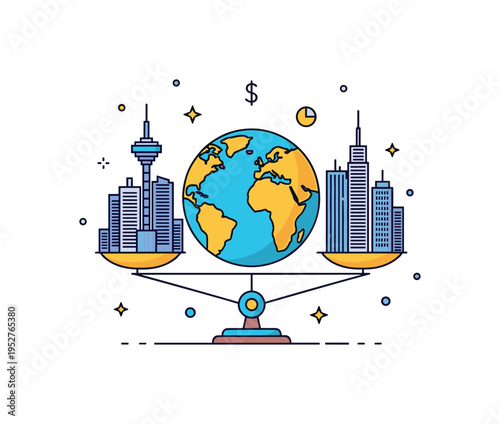 Global financial hubs economic stability concept shown as a globe resting on a subtle balance scale with skyscraper icons on each side, symbolizing equilibrium