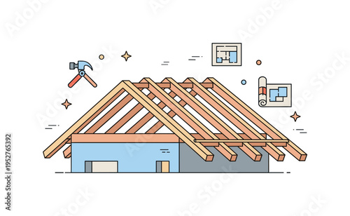 Roof construction process illustrated with a partially built roof frame and visible beams, communicating progress and craftsmanship in residential building.