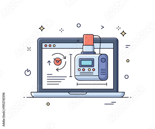 3D industrial rendering workflow depicted by a laptop screen displaying a production machine model with tiny rotation arrows and measurement markers. A visual