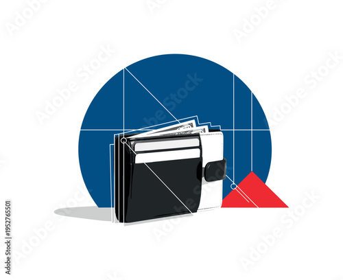 Black and white wallet placed neatly on minimal surface, deep blue circular backdrop intersected by red angular accent, thin structural lines suggesting
