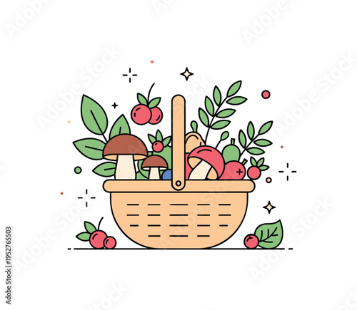 Foraged food basket icon featuring mixed forest finds such as mushrooms, berries and leafy plants. Clean geometric shapes and gentle star details express