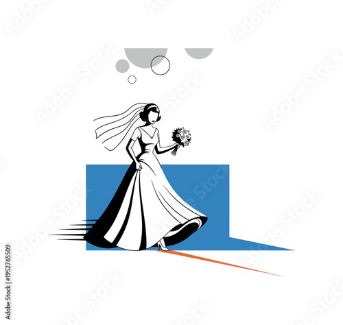 black and white bride mid-step with dress slightly in motion, oversized blue rectangular block behind lower half, thin orange line marking perspective depth,