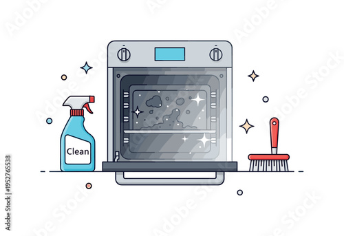 Deep oven cleaning routine open oven interior with a spray bottle labeled Clean and a small brush nearby, grime fading into clean surface with light shine