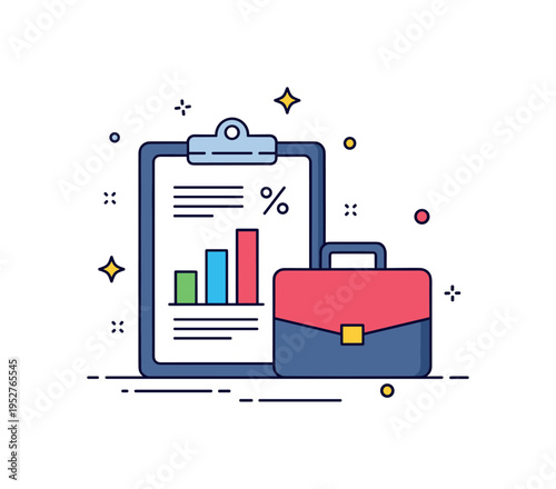 Corporate financial reporting dashboard depicted by a clipboard with bar chart and percentage indicator beside a briefcase icon, symbolizing structured