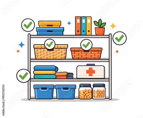 Home organization storage shown through a shelving unit with baskets and small checkmark accents, communicating efficient space use and smart categorization.