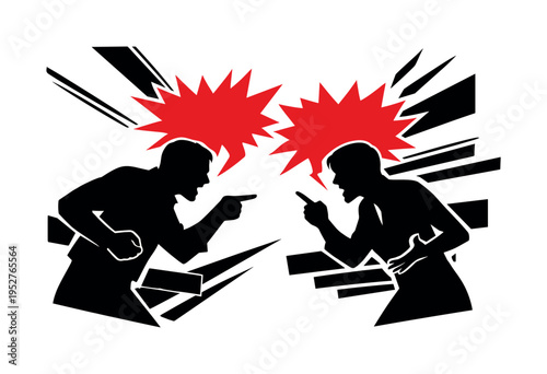 Comic argument scene without faces, black and white human silhouettes facing each other in tense confrontation, aggressive hand gestures and leaning poses,