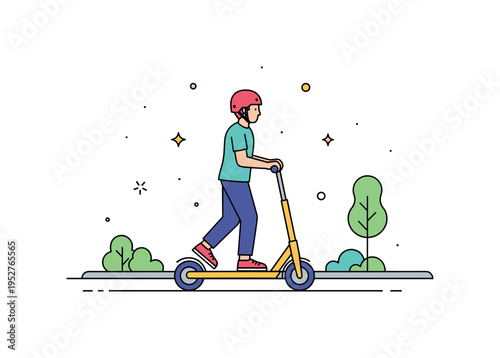 Riding a scooter on the sidewalk with a person wearing a helmet and casual clothes, highlighting fun, mobility, and outdoor activity. Minimalist flat vector