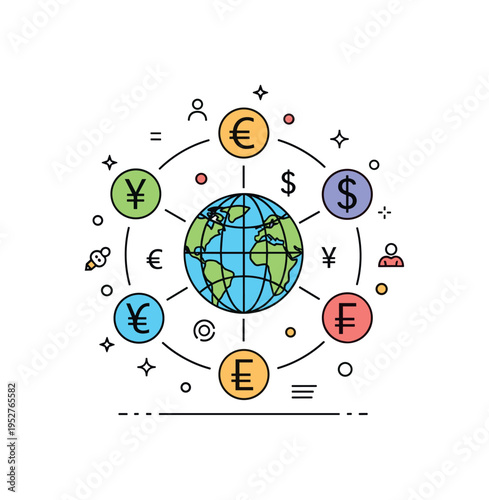 Global finance network illustration built around interconnected currency symbols forming a circular pattern, representing international economic relationships.