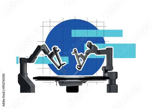 Black and white robotic surgical arms positioned over an operating table, bold cobalt blue circular halo behind the machinery, bright cyan rectangular blocks