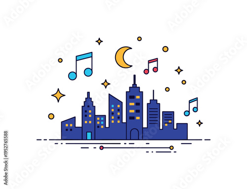 City nightlife energy depicted by a compact skyline silhouette paired with musical notes and star accents, conveying entertainment, culture, and glowing