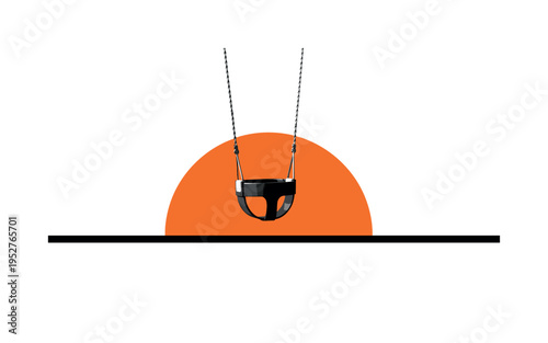 Monochrome playground swing seat suspended in mid-air, bold orange half-circle behind like rising sun, thin horizontal baseline grounding the scene, layered