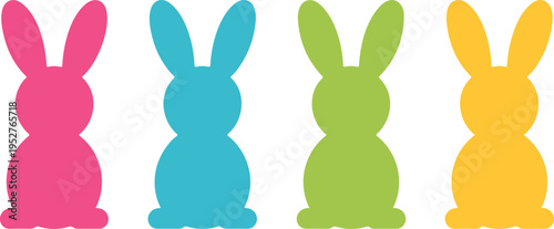 Colorful bunny silhouette set, cute rabbit icons, simple flat animal shapes, Easter decoration, spring holiday vector illustration design collection