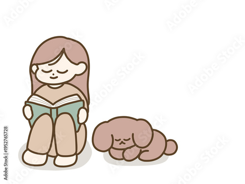 リラックスして読書する女性と犬