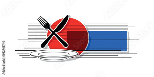 Black and white fork and knife crossed above minimal plate, bold red circle anchoring central focus, blue rectangular block offset to one side for balance,