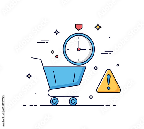 Incomplete checkout process showing a shopping cart paused beside a ticking clock and a subtle alert icon, expressing limited time and pending action. The