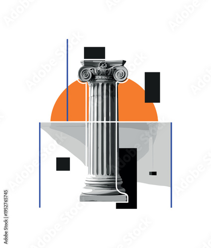 Black and white Greco-Roman column intersected by a bright orange semicircle and minimal geometric blocks, thin vertical blue lines like gallery walls, subtle