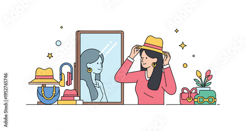 Customer trying on hats and accessories in a boutique, holding one up to her head while checking her reflection, emphasizing playful style and personal