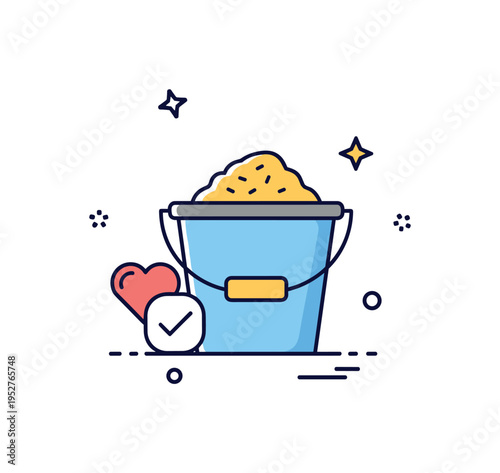 Animal care responsibility illustrated through a feed bucket accompanied by a small heart icon and subtle checkmark, representing attentive husbandry and