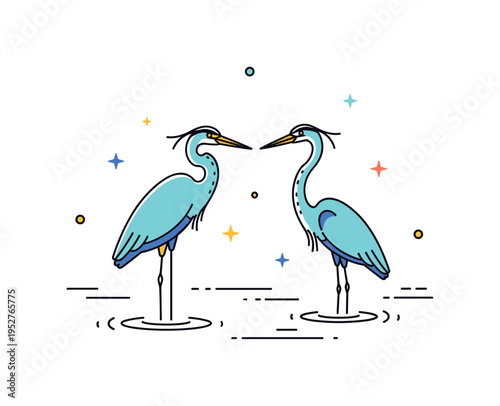 Herons standing gracefully in shallow water with long slender legs and curved neck silhouettes, expressing calm, patience and natural elegance. The compact