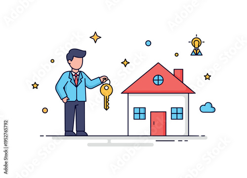 Real estate agent presenting a new home featuring a confident figure holding a key beside a simple house icon, expressing trust, guidance and successful