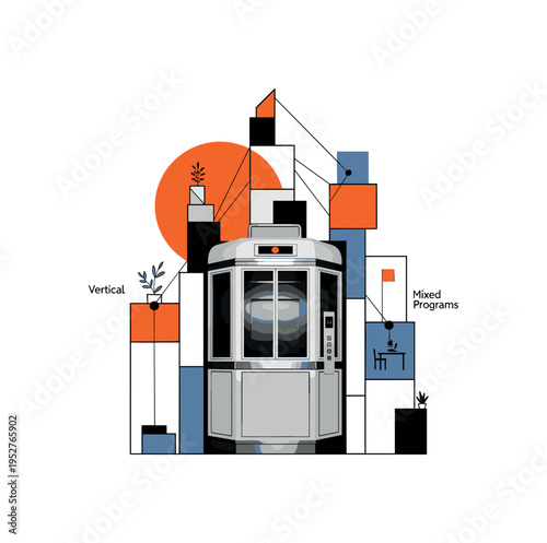 Black and white retro elevator cabin enlarged and centered as metaphor for vertical city life, abstract tower outline built from geometric rectangles around