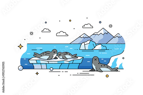 Seals lounging on floating ice near a calm Antarctic coastline with mountains in the distance, highlighting wildlife adaptation and peaceful coexistence in