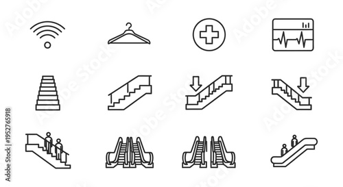 essential public service line icons featuring stairs escalators wifi medical cross and hanger perfect for modern uiux design and infographics.