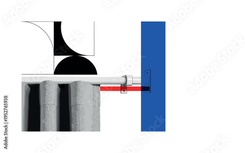 Black and white close-up of curved rocking chair runners, overlaid with orange cylindrical shapes and thin vertical lines suggesting rhythm and motion,