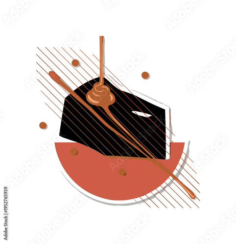 A black-and-white dessert silhouette with caramel drizzle cascading diagonally across it, bold terracotta red semicircle beneath symbolizing warmth, thin