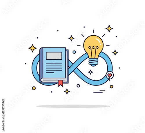 Continuous learning mindset symbolized by an infinity loop encircling a book and lightbulb icon, expressing lifelong development and adaptability. Subtle
