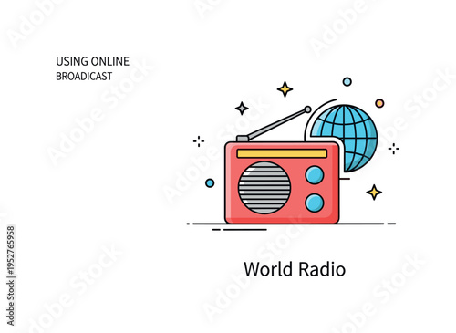 Using online radio global broadcast badge showing a compact radio icon merged with a small globe symbol, representing worldwide access to digital stations and