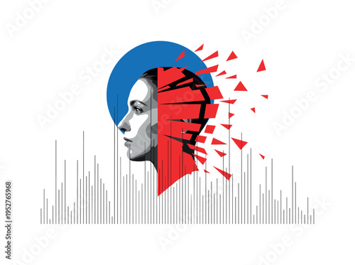 Conceptual investment risk theme with black-and-white profile of a person split in half, one side calm, one side fragmented by red geometric blocks, large blue