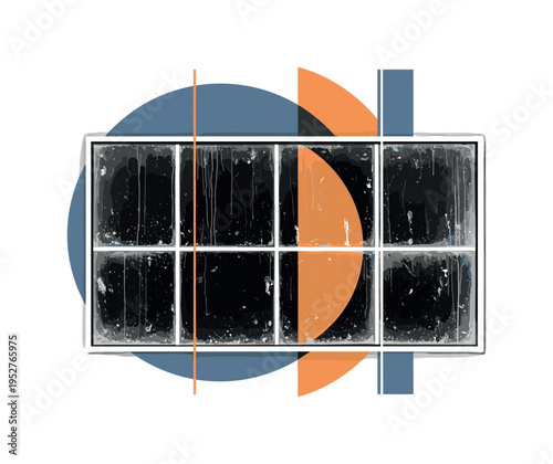 Black and white realistic dirty window pane with visible smudges and streaks, cut-out effect with white outline around the frame, layered over bold geometric