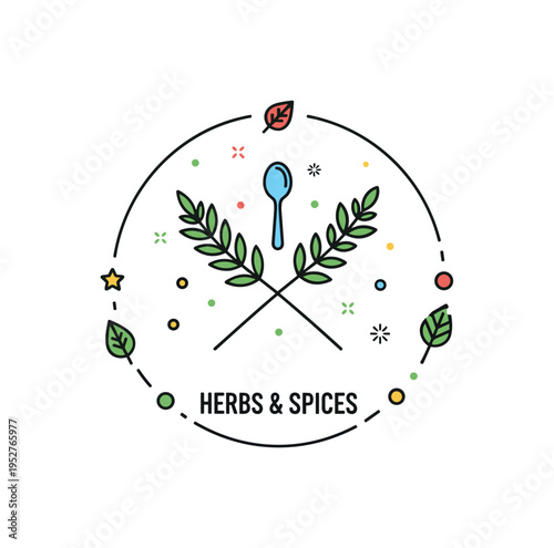 Herbs and spices culinary badge concept with crossed herb sprigs and a tiny spoon icon arranged inside a soft circular frame. The compact design expresses