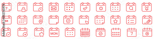 modern linear calendar and date icon set. vector thin line outline symbols for ui/ux app and web interfaces. minimal stroke collection including date, calendar, date, calendar,