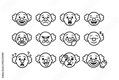 Clown Expressions. Line icon set of Clown Expressions: happy clown face, sad clown face, surprised clown, laughing clown, crying clown, angry clown, shy clown,