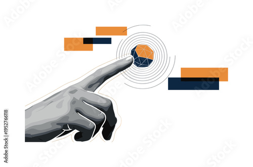 A monochrome close-up of fingertips almost touching a floating geometric sphere, circular ripple shapes radiating outward symbolizing aspiration, rectangular