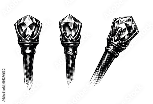 Magic wand tip with faceted crystal mount and prong setting, illustrated as a single realistic wand tip shown in three views including frontal, side profile,