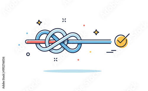 Problem solved tangled knot transforming into a smooth straight line with a small check mark accent. The compact badge visually represents clarity emerging